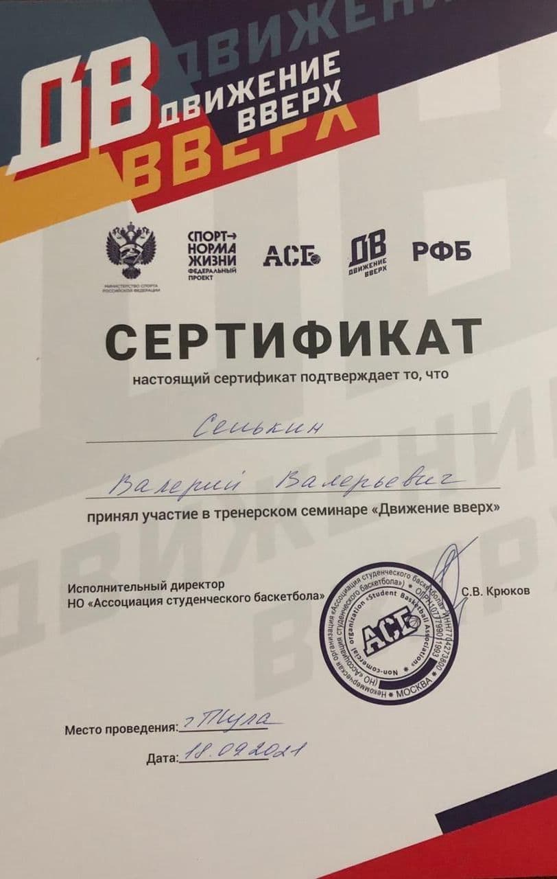 Диплом тренера баскетбольного клуба Family ТЕМП